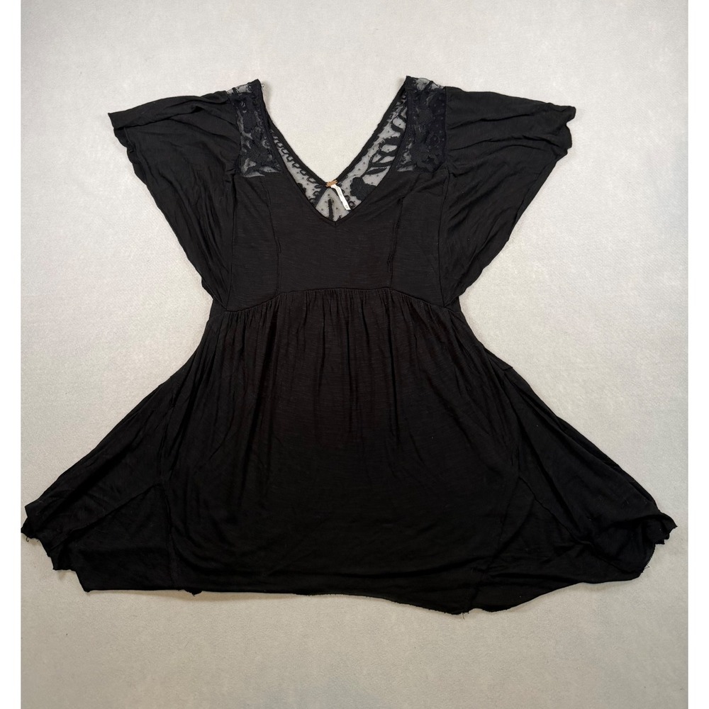 Free People Black Lace Crochet V-Neck Babydoll Tunic Top XS Boho Flutter Sleeve